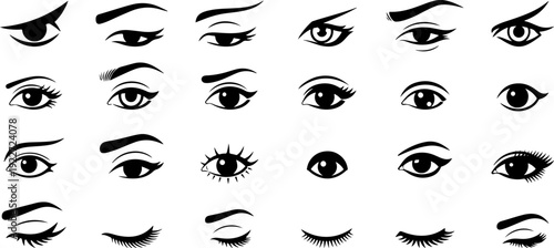 A red silhouette of open and closed flat eyes  icon collection, different shapes, outline eye icons, Human vision, vector art.