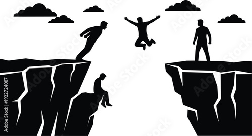 Flat design silhouette aerial view of person jumping between cliffs with cheering figure and sitting figure high contrast minimal landscape