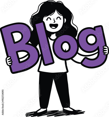 Happy Woman Holding Large Purple Blog Word for Content Creation Illustration