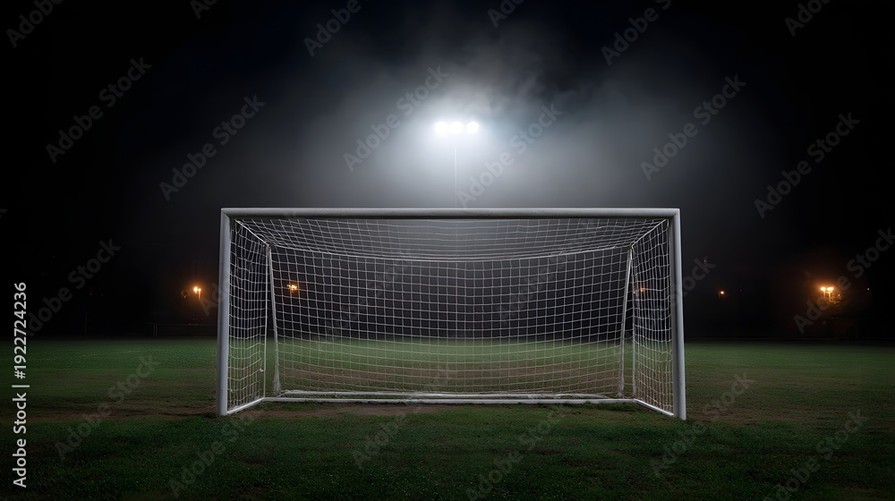 Fototapeta premium Illuminated empty soccer goal at night on a foggy sports field under a bright stadium spotlight