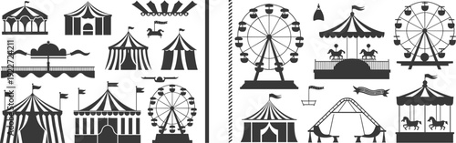 Carnival and Circus Silhouette Icon Set, Ferris Wheel, Carousel, Big Top Tent and Fairground Amusement Park Vector Collection Isolated on White Background