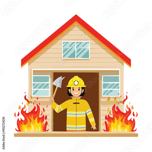 Firefighter in action with axe extinguishing house fire