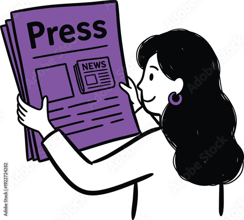 Woman Reading Purple Press Newspaper for Media and PR Information Illustration
