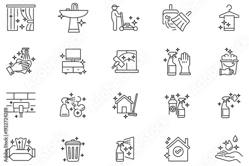 Cleaning line editable icon set. Outline symbol for broom, sanitizer, cleaning spray, towel, household appliances, and more. Vector illustration.