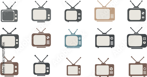 Retro television icon set flat vector collection of vintage TV screens and antennas isolated on light background