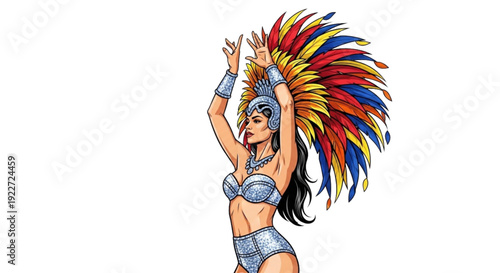 Carnival dancer posing with colorful feather headdress in vibrant attire  