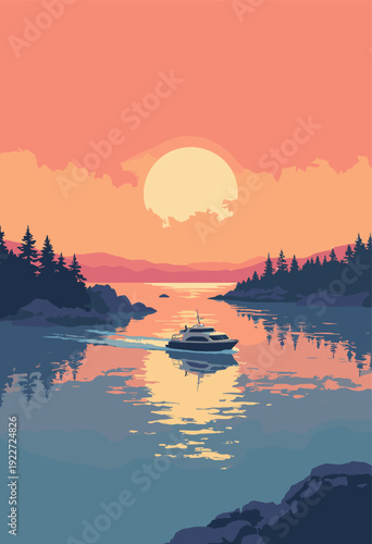 A minimalist composition of a Stockholm archipelago ferry boat navigating through small rocky islands at sunset. Calm water