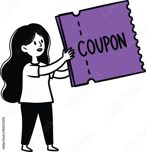 Young Woman Holding Giant Purple Coupon for Discounts and Savings Illustration