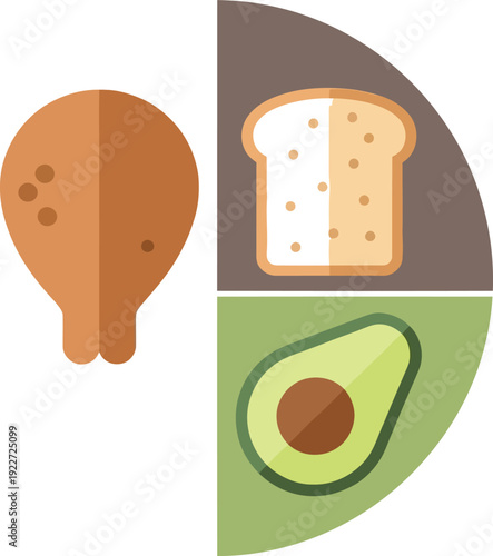 Food plate illustration featuring chicken leg bread and avocado for healthy diet concept. Macro food