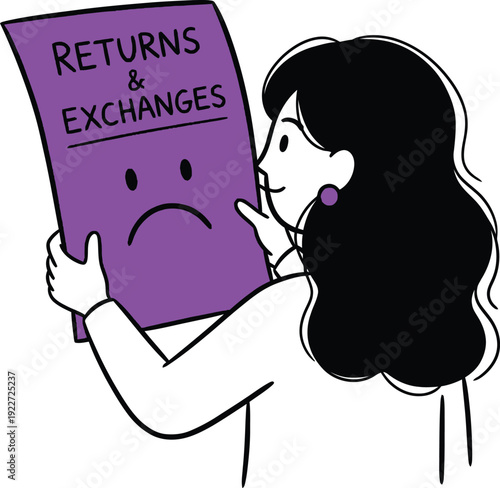 Girl Holding Purple Returns and Exchanges Sign with Sad Face Illustration