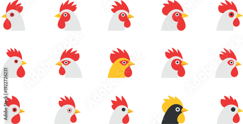 Rooster and chicken head cartoon icon set flat vector collection of farm poultry profiles isolated on light background