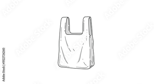 Simple white plastic shopping bag with handles is shown as a hand-drawn sketch illustration against a clean white background.