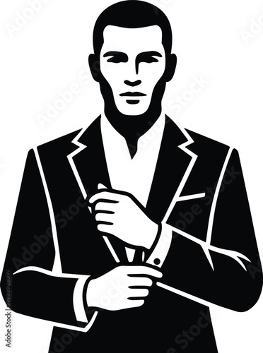 Minimalist vector silhouette close up low angle man adjusting cufflink in black suit looking at camera confident formal portrait studio