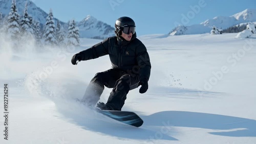Snowboarder carving through fresh powder on sunny mountain slope - 4k video