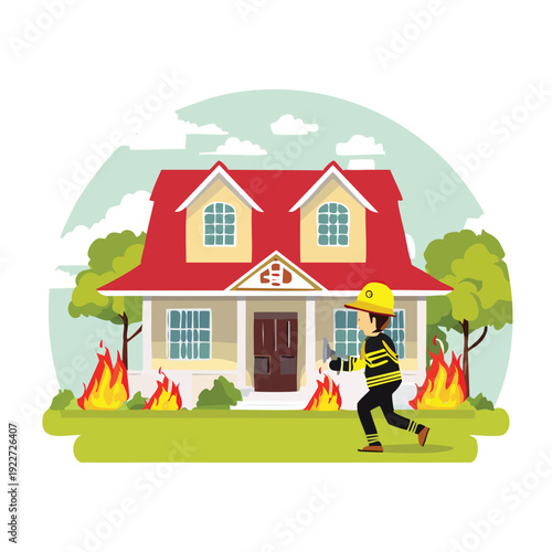 Firefighter runs toward burning house to extinguish flames