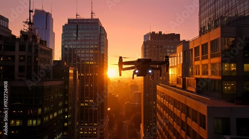 Drone flying between modern skyscrapers at sunset with city lights - 4k video