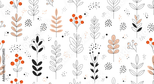 Seamless botanical pattern features various leaves, branches, and clusters of red berries arranged on a plain white background.