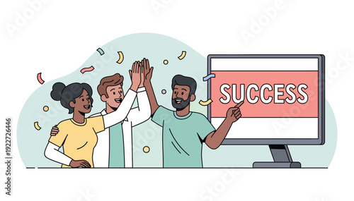 Diverse group of young professionals celebrating success together with a computer monitor showing success message clearly