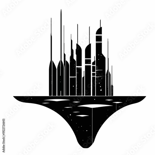 Abstract floating futuristic city skyline vector illustration. Modern dark architecture on an inverted landmass, isolated on white background.