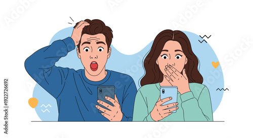 Surprised young man and woman looking at their smartphones with shocked facial expressions and mouths open in amazement against blue backdrop.