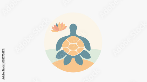 Peaceful sea turtle and lotus flower illustration, symbolizing nature, tranquility, and marine life, minimalist graphic design