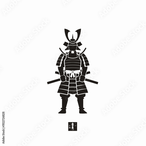 Traditional Japanese Samurai Warrior Silhouette with Full Armor and Two Katanas. Minimalist Vector Icon Design.