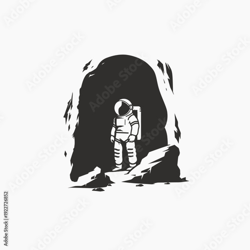 Monochrome illustration of an astronaut at a cave entrance, symbolizing space exploration and discovery of new worlds