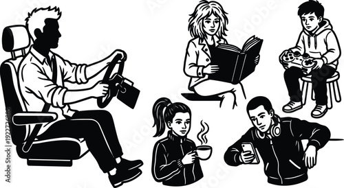 Line art vector group of people doing activities man driving woman reading boy gaming girl drinking coffee man using phone