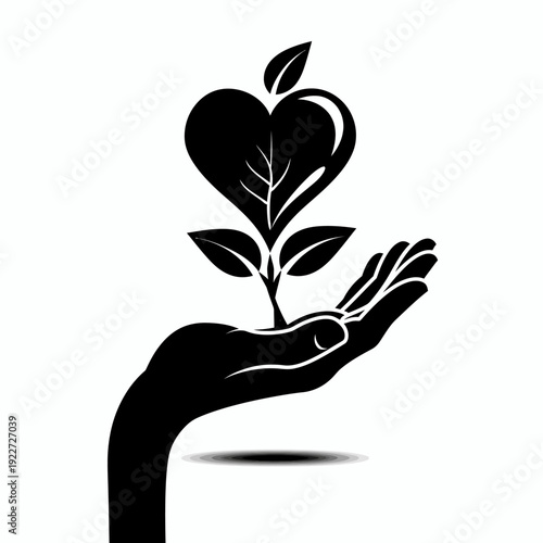 Hand cradling a heart-leaf plant silhouette, symbolizing organic growth, environmental care, health, nature love, and life protection.