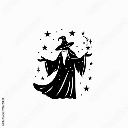 Mystical fantasy wizard sorcerer silhouette casting magic spell surrounded by celestial stars and crescent moon vector illustration.