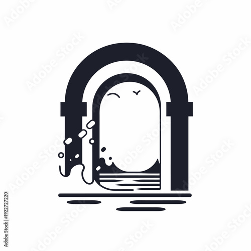 Minimalist archway portal with flowing water, calm sea, and flying birds. Abstract vector illustration of journey and escape.