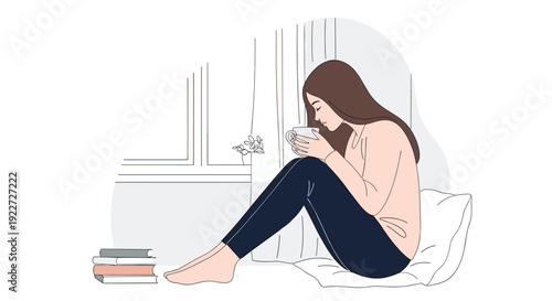 Relaxed young woman sitting on the floor by a window drinking hot coffee or tea while resting on a comfortable pillow next to a stack of books.