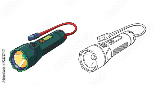Professional tactical flashlight with an adjustable beam shown in a teal green color alongside its detailed black and white line art drawing.