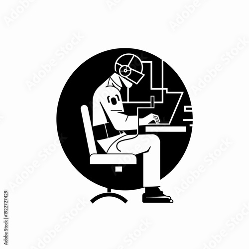 Futuristic Person in VR Headset Coding on Laptop. AI, Cybersecurity, Augmented Reality, Digital Work, Software Development Concept.