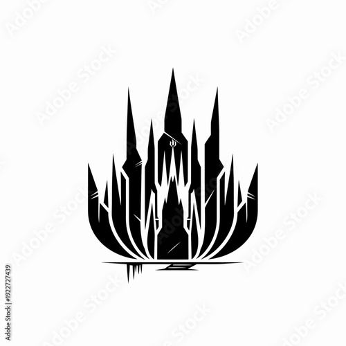 Dark fantasy futuristic city silhouette illustration, sharp geometric castle design, abstract graphic element in black and white