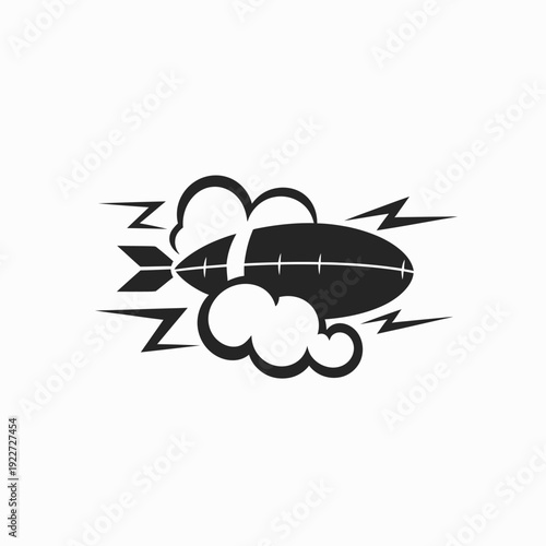 Dynamic black blimp airship icon flying fast with speed lines, smoke clouds, and lightning bolts. Air travel transportation graphic.