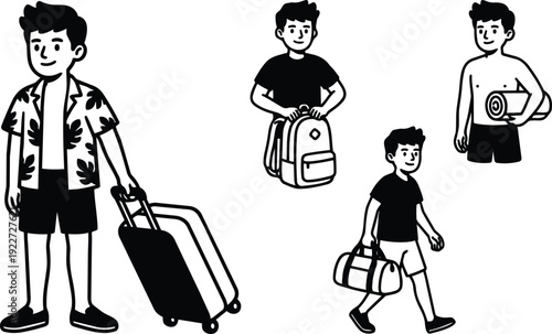 Minimalist vector travel characters pulling suitcase carrying backpack and duffel walking with towel for beach trip sunny casual summer outfits