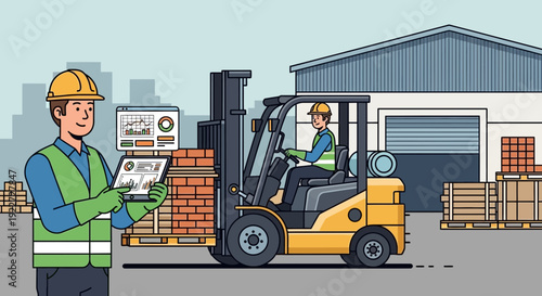 Warehouse workers managing inventory with forklift and digital tablet.