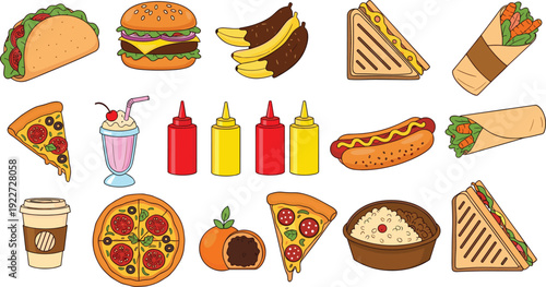 Fast Food Cartoon Collection Featuring Burger, Pizza, Hot Dog, Sandwich, Tacos, Wraps, Coffee, and Soft Drinks for Restaurant Menu Designs