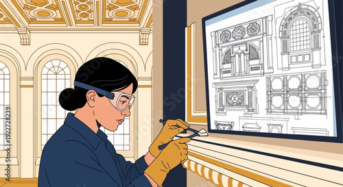 Woman wearing safety glasses and gloves meticulously working on a detailed architectural restoration project.
