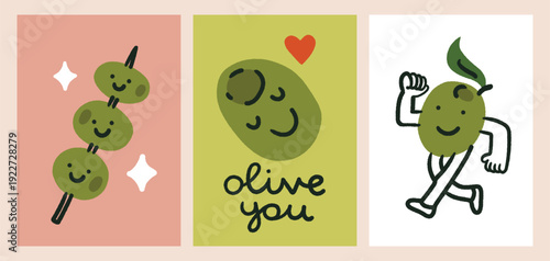 Olive posters in simple doodle style. Phrase Olive you, heart, Valentine. Olive funny character, walking, smiling olives. Modern sketch, scribble illustration. Cute olive faces art. Postcard, poster.