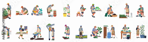 Collection of men engaged in urban gardening and sustainable farming activities, including planting, watering, harvesting, and pest control, in a flat illustration style.