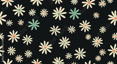 Simple and elegant seamless pattern featuring various sized cream daisies with orange and green centers scattered over a solid black background.