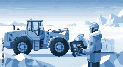 Arctic expedition worker operates heavy machinery in snowy landscape.