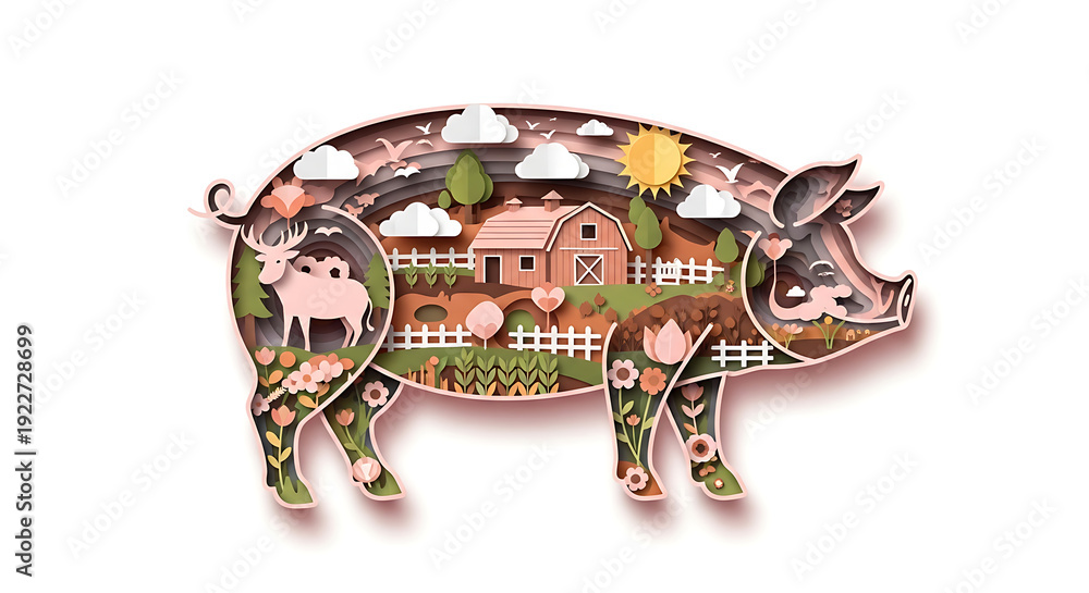 Fototapeta premium Creative Paper Cut Style Pig Filled With A Farm Scene Illustration Celebrating Pig Day