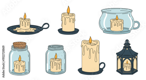 Collection of different burning candles including melting wax in a pan, candles in glass jars, a thick pillar candle, and one inside a lantern.