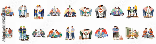 Diverse illustrations showcasing people actively engaged in planting trees, gardening, and nurturing plants, emphasizing environmental sustainability, community efforts, and a love for green living.