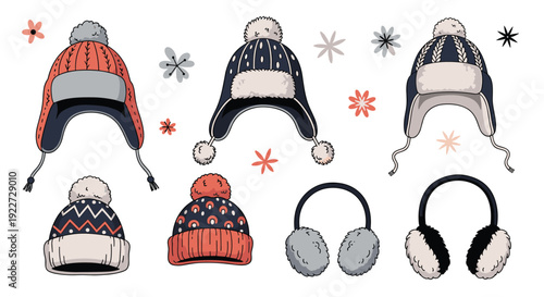 Assorted collection of winter headwear including various knitted beanies with pom poms, fur lined trapper hats, and soft fluffy earmuffs.