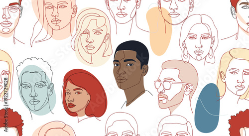 Diverse seamless pattern showcasing various human faces of different ethnicities and genders drawn with minimalist line art and colorful shapes.