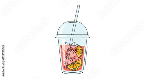 Refreshing pink lemonade or fruit cocktail in a clear plastic cup with ice cubes, lemon slices, and a long straw for a summer treat.